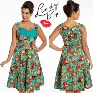 NWT Lindy Bop Ophelia Green Turquoise Garden Floral Party Swing Dress Sz Medium